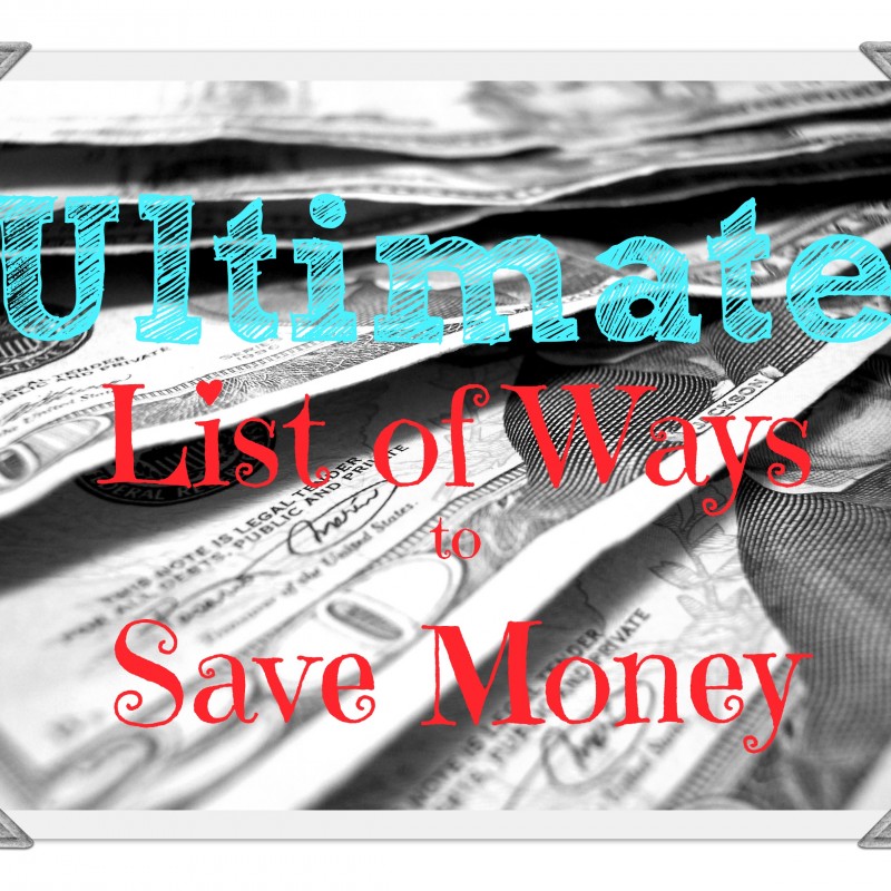A black and white close-up photo of U.S. dollar bills with the words "100 Ways to Save Money" in bold blue and red text overlaying the image. The corners of the image are decorated with vintage-style corner protectors.