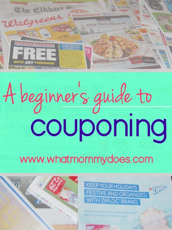 A stack of mixed store flyers and coupons with an overlay text reading "How to Save Money with Coupons: A Beginner's Guide" in bright colors. Below the title, there's a website link: www.whatmommydoes.com.