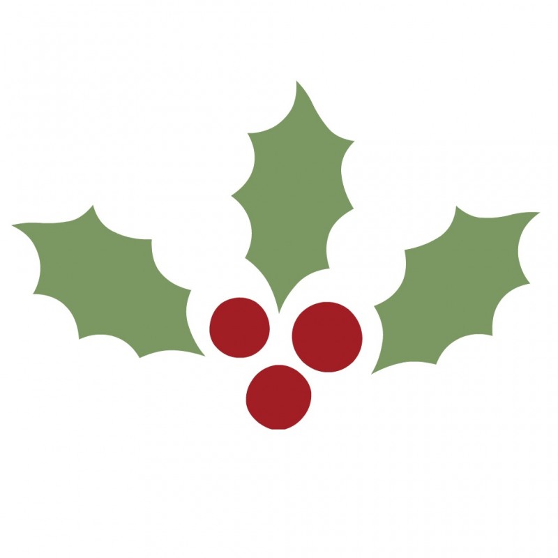 Stylized illustration of holly leaves and berries. The image features three green holly leaves with jagged edges, reminiscent of holly leaf templates, and three red berries clustered in the center. The background is white.