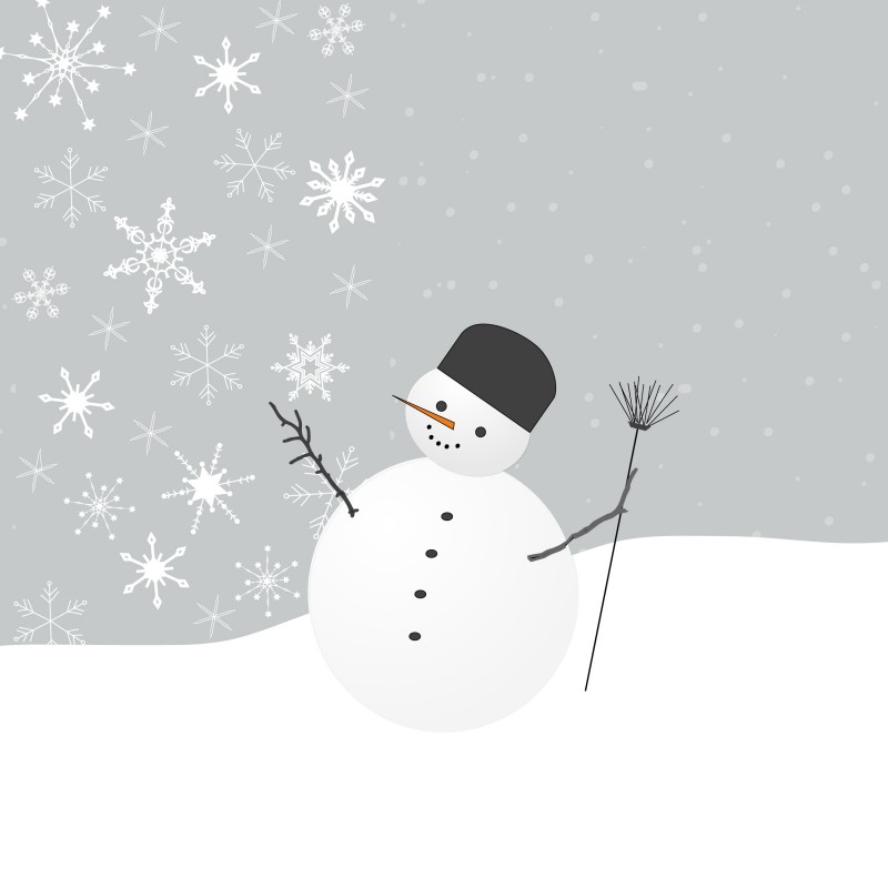 A simple snowman with a black hat, coal buttons, a carrot nose, and stick arms stands in a snowy landscape, holding a stick in one hand. Snowflakes of various sizes and shapes are falling from the grey sky in the background, resembling blank snowman templates waiting to be filled with winter memories.