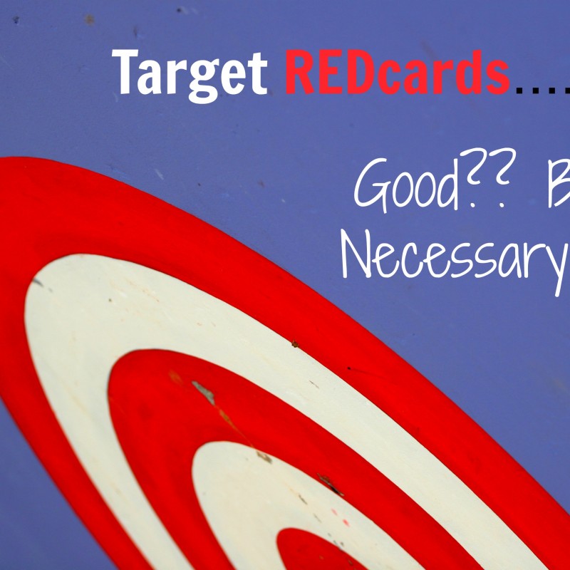 A close-up of a red and white bullseye target with text above it reading, "Target REDcards.... Good?? Bad?? Necessary Evil?" highlights the Target REDcard benefits on a blue background.