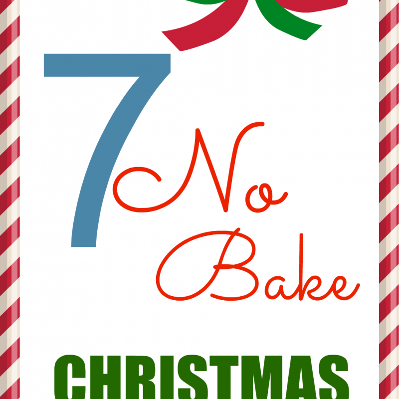 Festive holiday graphic with a candy cane border, showcasing the text "7 No Bake Christmas Cookie Ideas" in colorful fonts. A red and green ribbon adorns the top. The website "www.whatmommydoes.com" is displayed at the bottom, perfect for those seeking inspiration for no bake Christmas cookies.