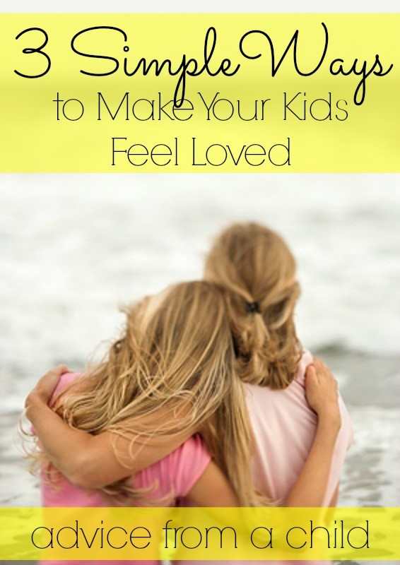 A touching image of a parent and child embracing each other. The text on the image reads, "3 Simple Ways to Show Your Kids You Love Them - advice from a child." The scene conveys warmth, connection, and familial love with the focus on the backs of the two figures.