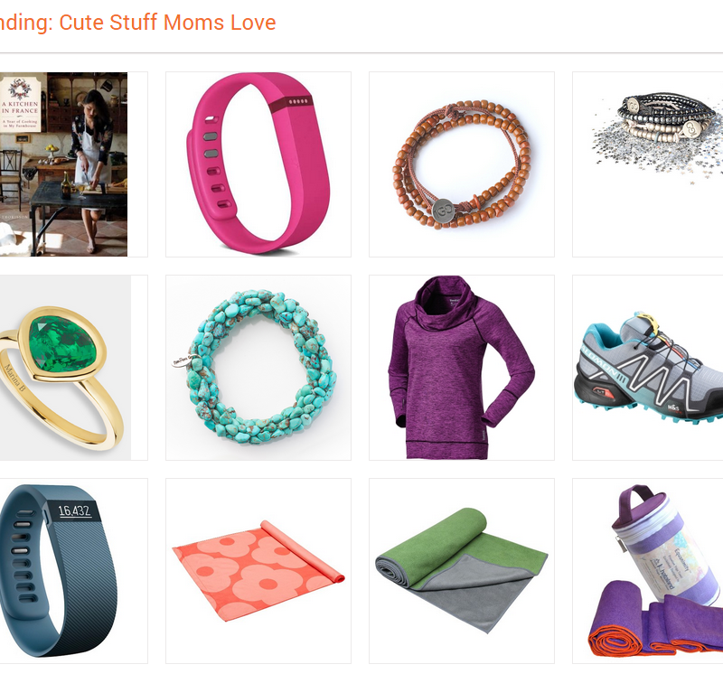 A grid of 12 images showcasing various products, including books, fitness trackers, jewelry, clothing, shoes, and yoga mats. Title at the top reads "Trending: Cute Stuff Moms Love." Items appear colorful and diverse, reflecting a variety of interests and offering great online shopping recommendations.