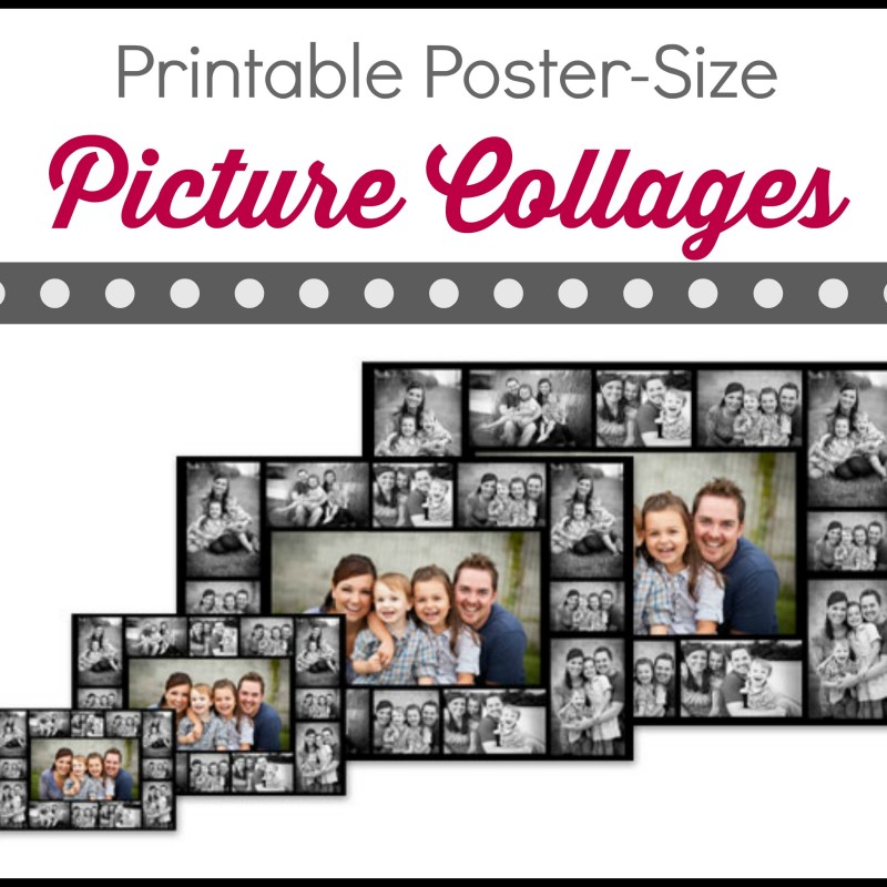 An advertisement for printable poster-size picture collages showcases various sizes of photo collages featuring family pictures in black frames. The top text reads "Printable Picture Collages" with a dotted line beneath it. Perfect for capturing and displaying precious moments at home.