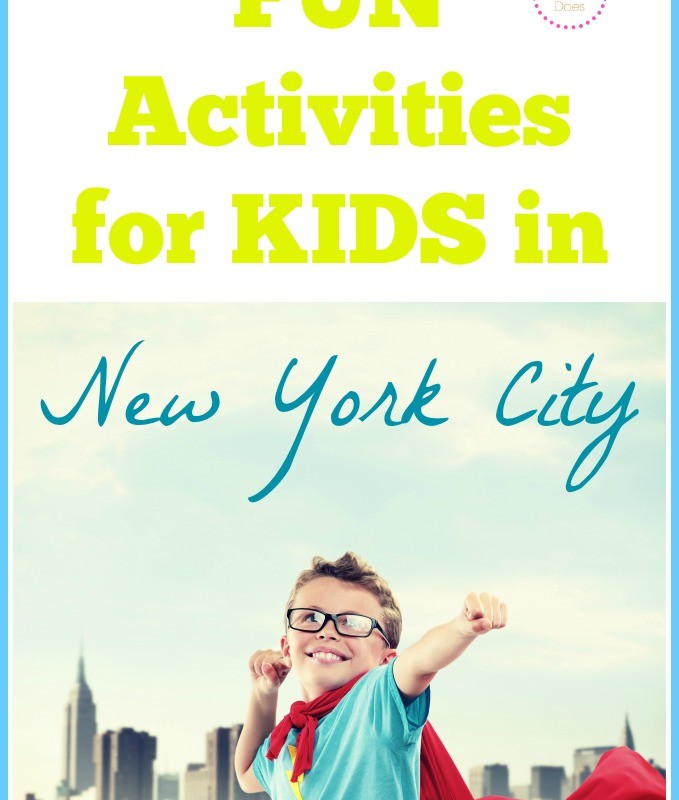 An image with the text "FUN Activities for KIDS in New York City" at the top. Below, a young boy wearing glasses and a red cape poses with a cityscape in the background, mimicking a superhero. The boy is smiling and has one arm raised as if flying—truly embodying fun activities for kids!