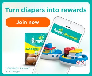 Advertisement for Pampers Rewards featuring a mobile phone screen showing toy ships. Text reads "Turn diapers into rewards" and "Join now for free trials." A package of Pampers Swaddlers diapers is shown on the left. Note at the bottom mentions "*Rewards subject to change.