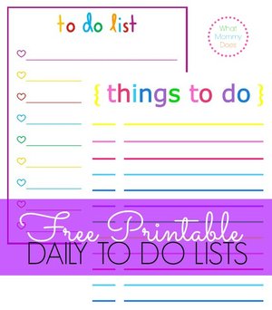 A colorful to-do list titled "things to do" features sections with lines and heart icons in various colors. The design includes playful fonts and vibrant pastel shades. At the bottom, it says "Free Printable DAILY TO-DO LISTS." The upper right reads "What Mommy Does," perfect for pairing with a printable summer reading list.