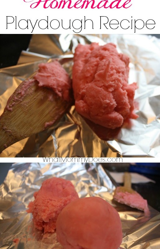 An image featuring an easy homemade playdough recipe. The top half shows a wooden spoon with pink playdough on foil. The bottom half displays a ball of pink playdough beside the wooden spoon on foil. The text "Homemade Playdough Recipe" is at the top.