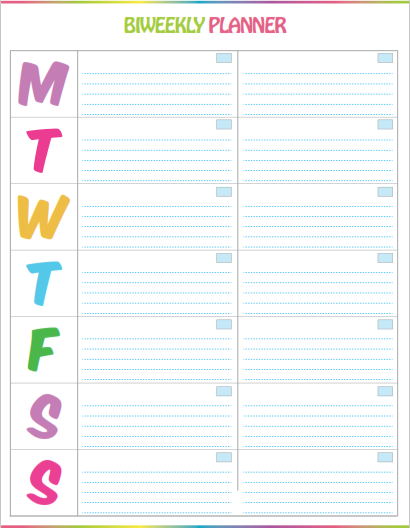 I just love this cute weekly planner printable! The colors are vibrant and coordinate with a matching free printable calendar. The template comes with 2 weeks on one page to capture all my family activities.