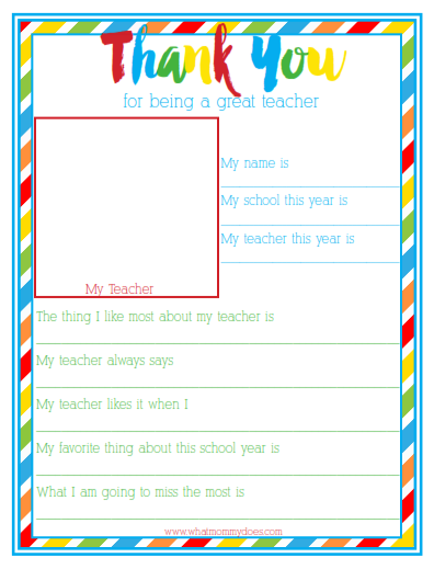 End of Year Teacher Thank You Gift - Free Printable Kid Questionnaire