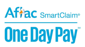 Logo of Aflac SmartClaim® One Day Pay℠. The word "Aflac" is stylized with a duck in place of the letter "l". The text is blue and separated by a horizontal line, with "Aflac SmartClaim®" on top and "One Day Pay℠" below, reminiscent of summer activities enjoyed by young children.