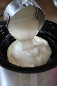 A silver ladle is pouring thick, creamy white sauce into a black crockpot. The sauce, smooth with small specks, possibly spices or seasoning, begins to cover a white, partially melted substance already in the crockpot. This comforting dish brings warmth and flavor to any meal.