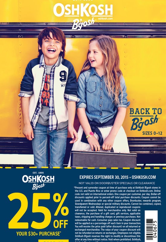 Two smiling children, a boy and a girl, sit in front of a yellow school bus wearing OshKosh B'gosh clothing. The text promotes "25% off your $30+ purchase" with promo code BOGOSH25, valid until September 30, 2015, on oshkosh.com. Perfect for back-to-school shopping!