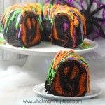 I can't bake very well, and even I was able to make this recipe! Your guests will never guess this amazing marbled Halloween bundt cake is so easy to make. I'm going to use as the feature of my Halloween party food buffet! I think it looks impressive with all the colors! | www.WhatMommyDoes.com | Category: Halloween Dessert Ideas