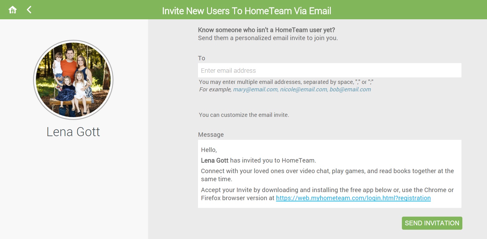 A webpage interface for inviting new users to HomeTeam via email. On the left, a circular photo of a woman and two children labeled "Lena Gott" showcases how you can connect with family. The right side has fields to enter email addresses, a pre-written message, and a "Send Invitation" button.