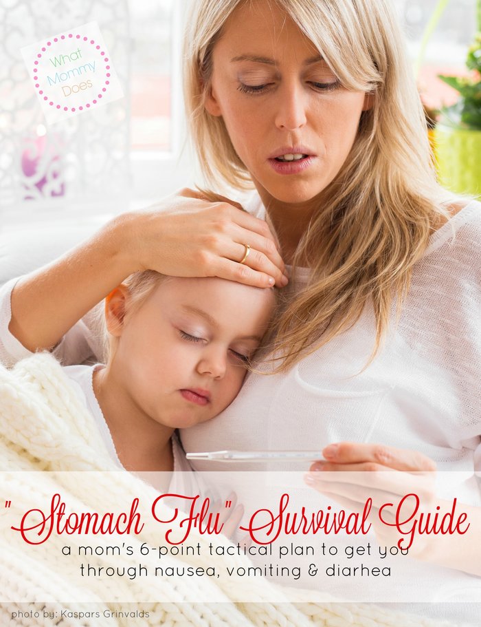 A woman attentively reads from a tablet while holding a young child who is resting on her chest, both seated and wrapped in a cozy blanket. The image promotes a "Stomach Flu" Survival Guide for managing symptoms like nausea, vomiting, and diarrhea.