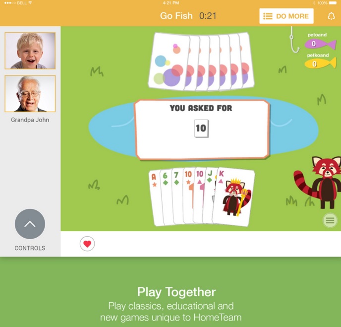 A Go Fish game screen shows cards with numbers and pictures. A speech bubble states, “You asked for 10.” The lower section displays the message, “Play Together” with game information. On the left, images of a child and "Grandpa John" are displayed, highlighting how to connect with family through play.