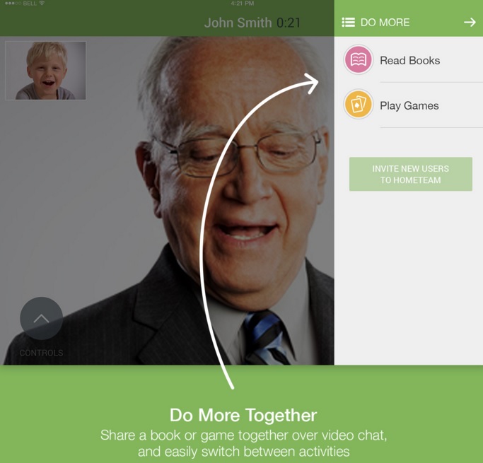 A video call interface showing an elderly man in a suit talking to a child. A white arrow points to options like "Read Books" and "Play Games" on the right. Text below reads, "Connect with Family" with additional information about sharing activities over video chat.