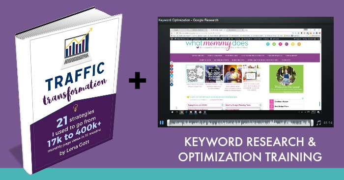 An image showcasing a bundle featuring the book "Traffic Transformation: 21 Strategies to Go from 17K to 400K+ Page Views in 10 Months" by Lena Gott, paired with a screenshot of a "Keyword Research & Optimization Training" video from the site "whatmommydoes".