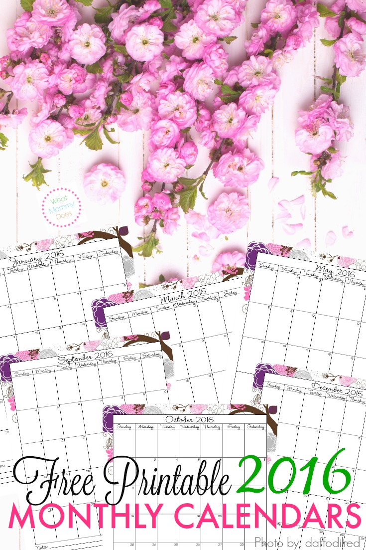 Free Printable 2016 Monthly Calendars