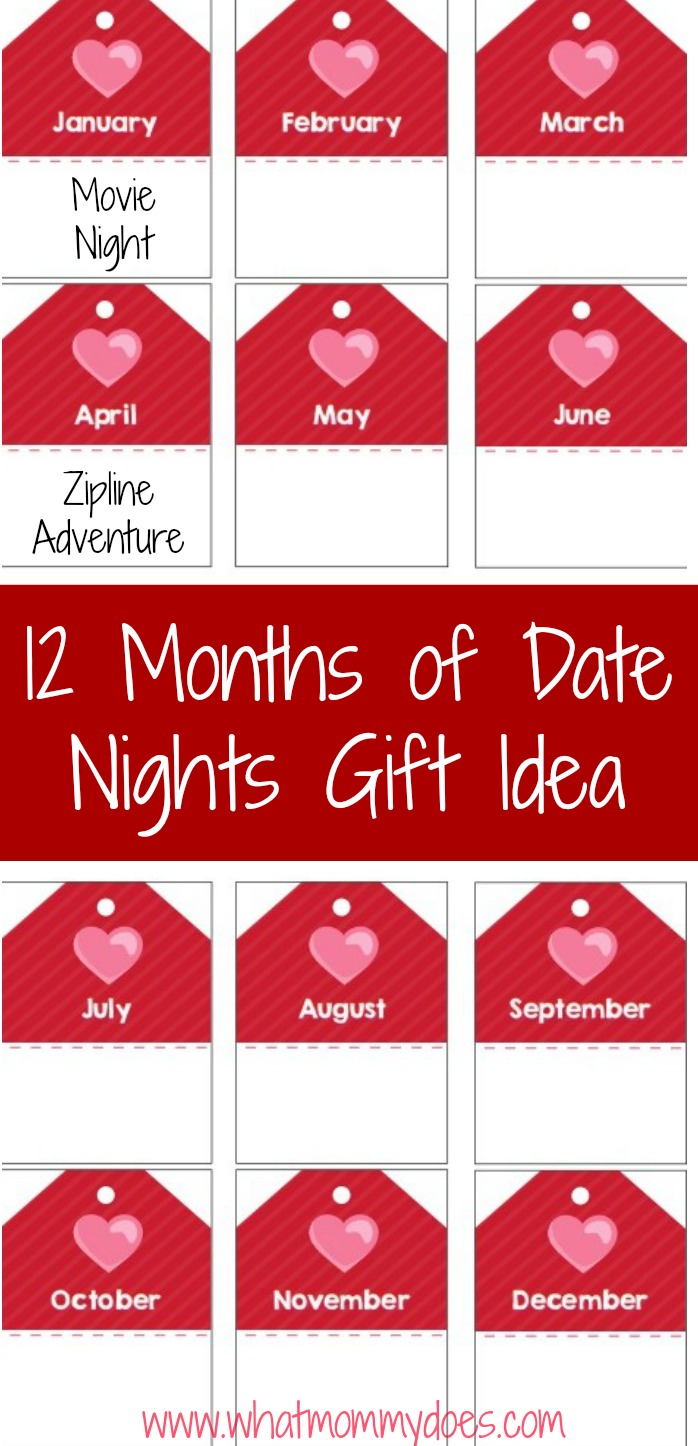 Grab these free printable tags to create your own set of 12 monthly date night ideas. Perfect for your husband or boyfriend! Get creative & do something romantic at home or go on a fun adventure. These are great for Valentine's Day, anniversaries, birthdays, or even Christmas gifts!