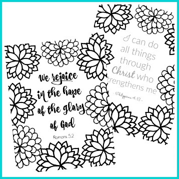 Two decorative cards with floral border designs. The left card reads, "We rejoice in the hope of the glory of God. Romans 5:2." The right card reads, "I can do all things through Christ who strengthens me. Philippians 4:13." Perfect for Bible verse coloring pages enthusiasts seeking inspiration and creativity.