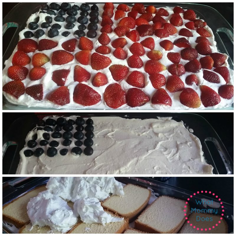 Three photos show the process of making an easy patriotic berry trifle. The top and middle images display a whipped cream layer topped with blueberries and strawberries arranged to resemble an American flag. The bottom image shows slices of pound cake with whipped cream being spread on top.