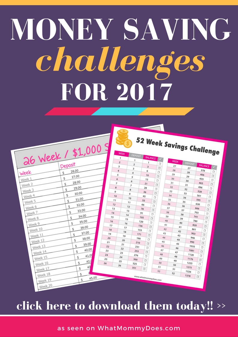 Take these MONEY SAVING CHALLENGES in 2017! This includes free printable 52-week money saving challenge, a 26-week money saving challenge to help you save $1,000 and more. These are fun ideas to help you save money for Christmas or anything else! One chart starts with $1 and ends with $52. You'll end up with $1,352!!! The charts make it super simple to achieve your savings goals. | 2017 money ideas, 2017 goals, money saving ideas