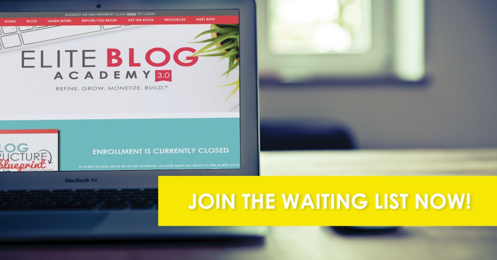 A laptop screen displaying the Elite Blog Academy 3.0 website with the message "Enrollment is Currently Closed." A bright yellow banner at the bottom of the screen reads, "Join the Waiting List Now!" A portion of a plant is visible in the top right corner as you ponder ways to increase blog income.