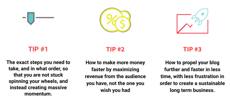 A graphical image with three tips for blogging success. Tip 1 has a blue arrow icon and discusses creating momentum. Tip 2 features a yellow percentage and money icon, focusing on increased monthly income. Tip 3 showcases a red rocket icon, highlighting propelling a blog into a business for long-term success.