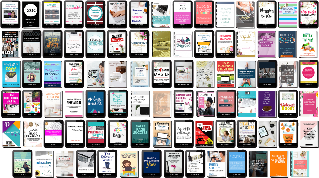 A collage of numerous e-book cover images, displaying various titles mainly focused on blogging, digital marketing, SEO, productivity, and business growth. Each cover features different colors, fonts, and designs from the Genius Blogger's Toolkit collection to create a visually diverse mosaic.