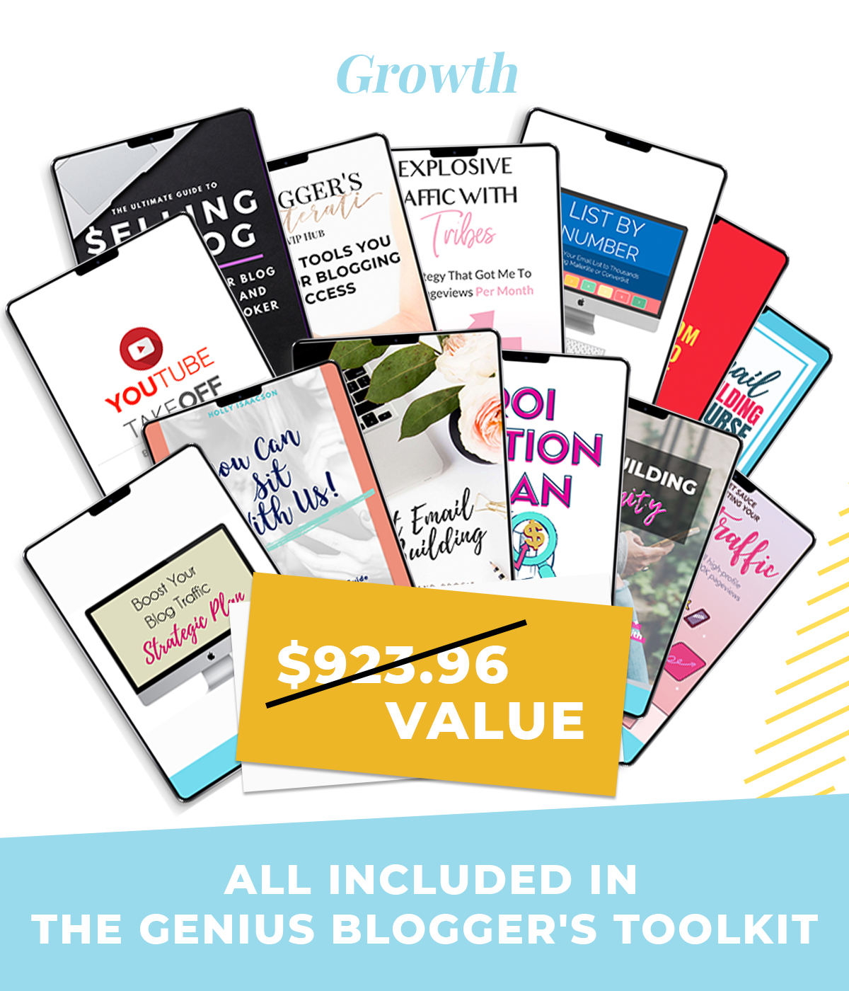 An assortment of tablets displaying various online courses and eBooks related to blogging, social media, and content creation. The text reads, "$925.96 Value - All Included in The Genius Blogger's Toolkit." The heading at the top says "Growth" with tools to help you make money from blogging.