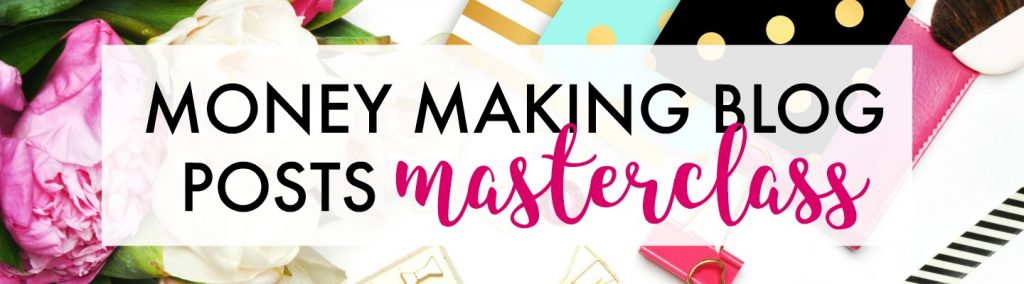 A rectangular banner with the text "Money Making Blog Posts Masterclass" in bold black and pink font. The background features flowers, notebooks with various patterns, a striped card, a pen, and icons representing Pinterest and Facebook to boost traffic to your blog.