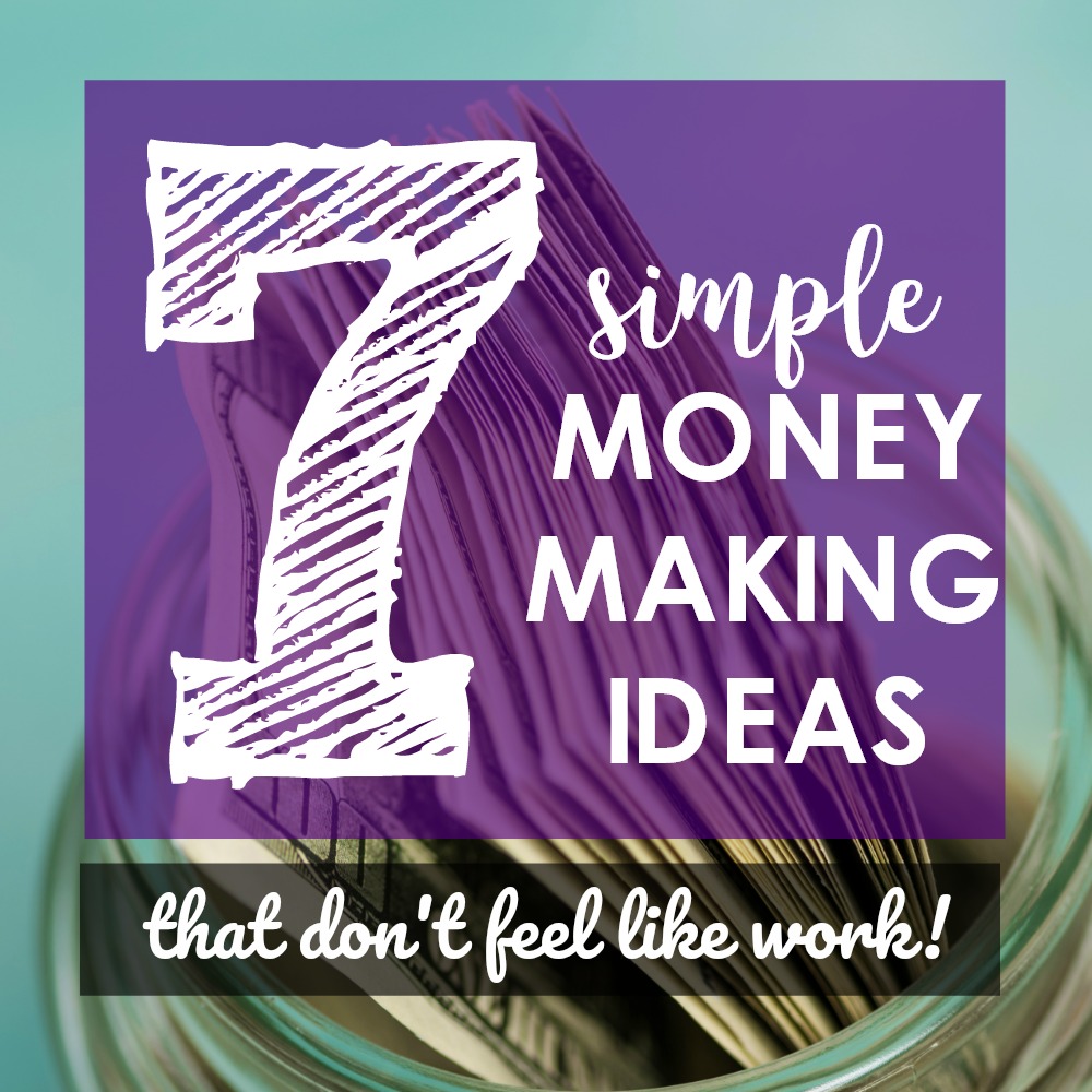 A graphic with a purple background contains text reading "7 simple money-making ideas" and "that don't feel like work!" in front of a close-up image of a jar filled with money, showcasing legit ways to make money online.