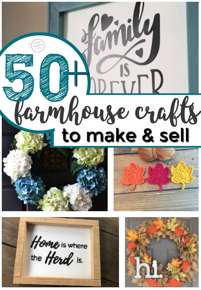 JoAnna Gaines' farm house look is SO POPULAR right now! Here are over 50 DIY farmhouse crafts you can make + sell at craft fairs or flea markets! It's a long list of easy project ideas…all super simple things even kids & teens could make. Selling home decor from spring burlap wreaths to wall art is a great way to make extra money from home as a stay at home mom!