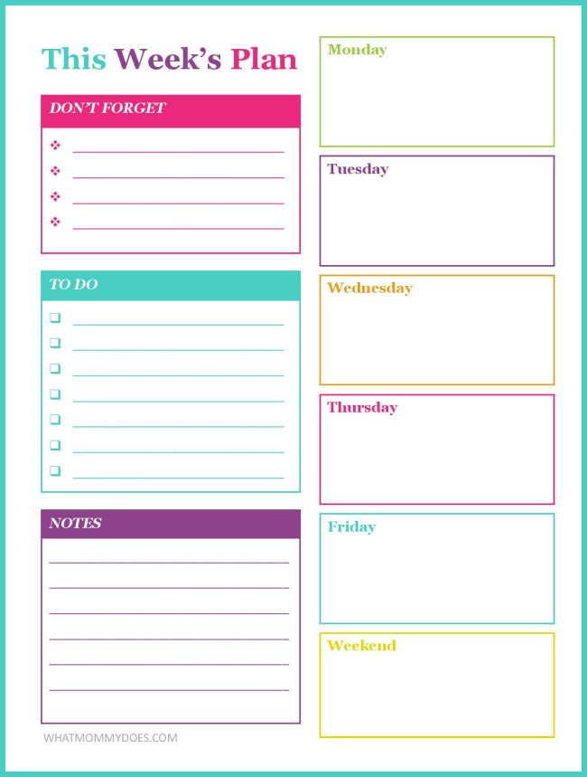 FREE PRINTABLE WEEKLY SCHEDULE TEMPLATE | This weekly planner printable is colorful, yet minimalist and so easy to use! Keep track of your family's meal ideas, activities, appointments, and a running to do list! 