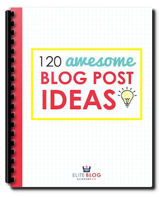 A spiral-bound notebook with a red spine titled "120 Awesome Blog Post Ideas" in colorful text on a grid-patterned cover. The title includes a yellow light bulb icon. Perfect for your 2024 content checklist, the bottom of the cover shows the logo of Elite Blog Academy.