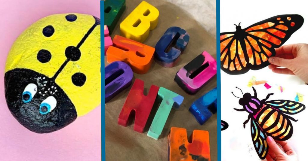 picture of ladybug rocks, crayon letters, and butterly suncatcher projects