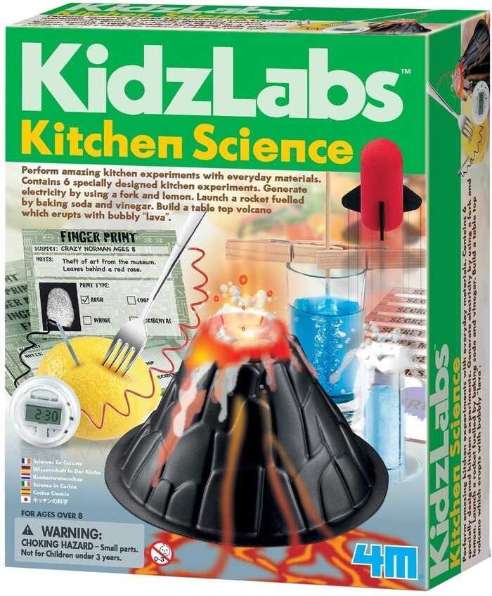 Image shows the box for "KidzLabs Kitchen Science" kit by 4M. The box depicts various kitchen science experiments, including a volcano eruption, a rocket launch, and fingerprint analysis. This educational set includes instructions and components like lab equipment and a digital timer—perfect gifts for smart kids.