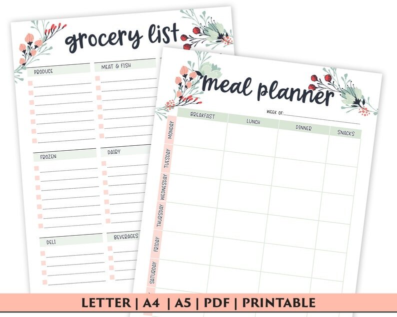 meal and grocery list planner with flower design