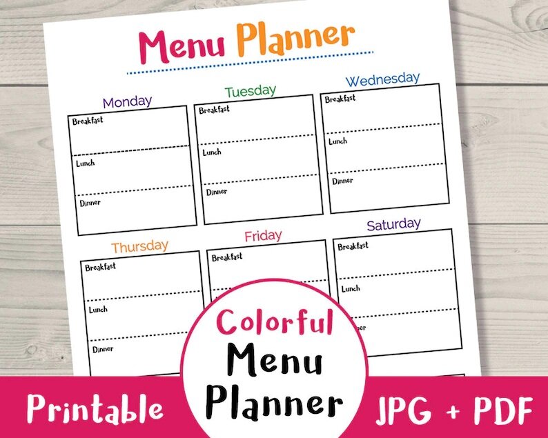 colorful single page insert meal planner
