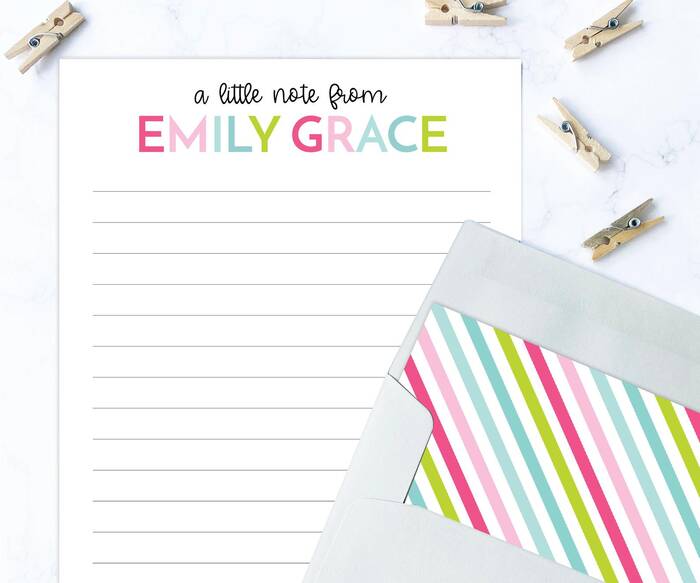 white notepad and envelope personalized with the words " A little note from Emily Grace"