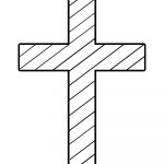 Black and white outline of a cross with diagonal stripes filling the interior. The background is plain white. This free printable cross coloring page is ideal for coloring activities or as a stencil.
