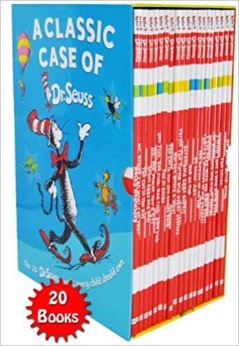 A display case of 20 Dr Seuss books. With the labels facing outward
