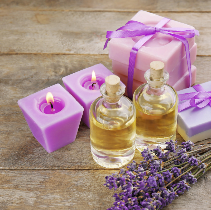 Lavender essential oil candles and soaps. 