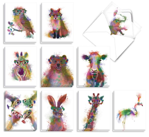 cute animals notecards for kids showing different water color animals wearing glasses. 
