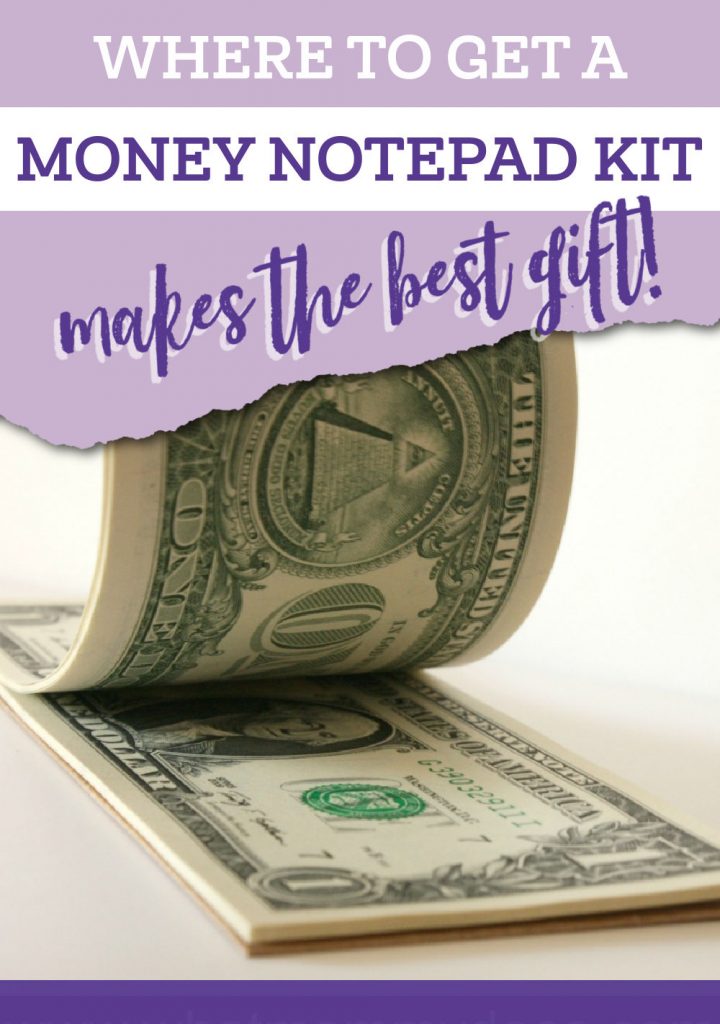 An image of a notepad made to look like a stack of U.S. $100 bills with the text "WHERE TO GET A DIY MONEY PAD KIT makes the best gift!" written in white and purple fonts on a purple and white background.