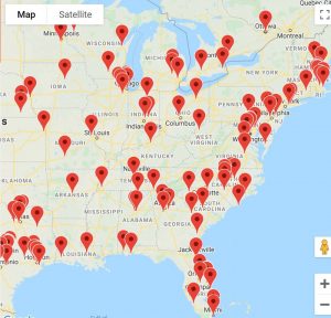 A map of the United States shows numerous red markers spread across various states, particularly concentrated in the Eastern and Central regions, indicating locations for upcoming community events. The map includes state borders and place names for reference.