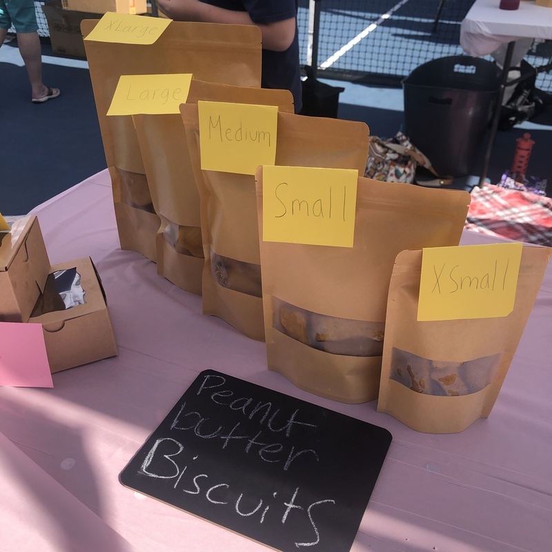 At a Children's Business Fair, bags of peanut butter biscuits in various sizes (labeled XSmall, Small, Medium, Large, XLarge) are displayed on a pink tablecloth. The brown bags have clear windows showing the biscuits inside. A small blackboard in front reads "Peanut Butter Biscuits" in white chalk.